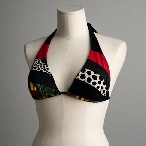Y2K billabongPatchwork Halter Bikini Top Grunge Retro Print — Adjustable Tie M